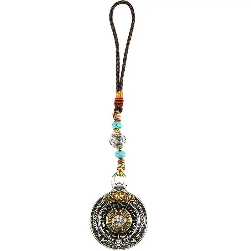 Tibetan Style Jiugong Bagua Amulet Pendant 12 Chinese Zodiac Lucky Blessing Wealth Good Luck Charm Retro Silver Rotatable Neckla
