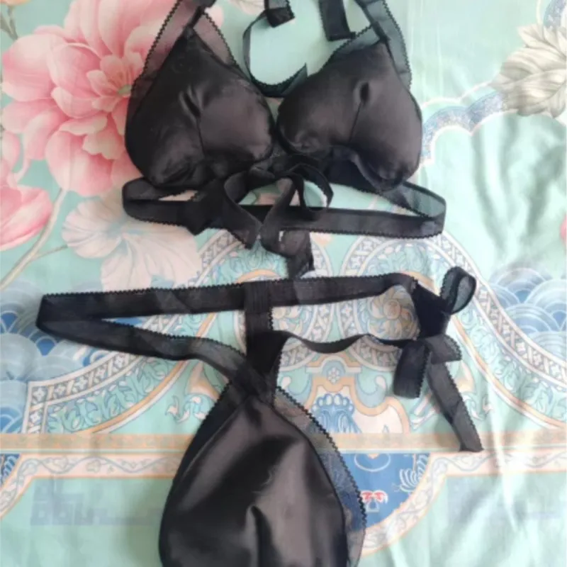 Man Lingerie Set Black Silk Satin Peach-shaped Lace Up Bra Thong Briefs Couple Underwear BF For Male Sexy Tops+Men's T-back view 3