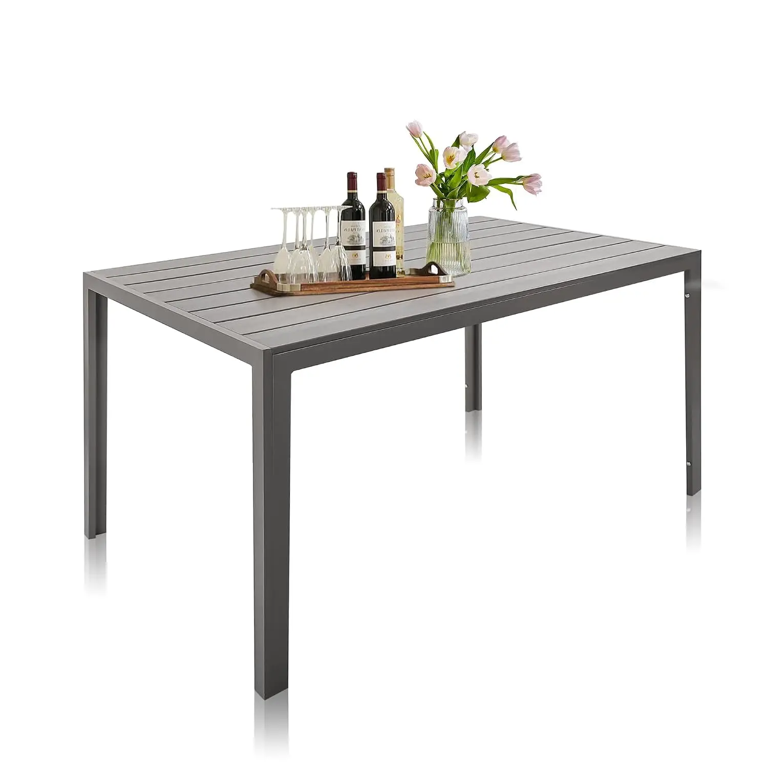 Outdoor Dining Table for 6 Person, Patio Slat Tabletop Aluminum Frame, 55
