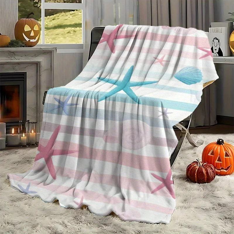 Pastel Starfish Shell Conch Horizontal Stripe Print Blanket, Light Flannel Throw For Couch Room, Coastal Beach Daily Blanket