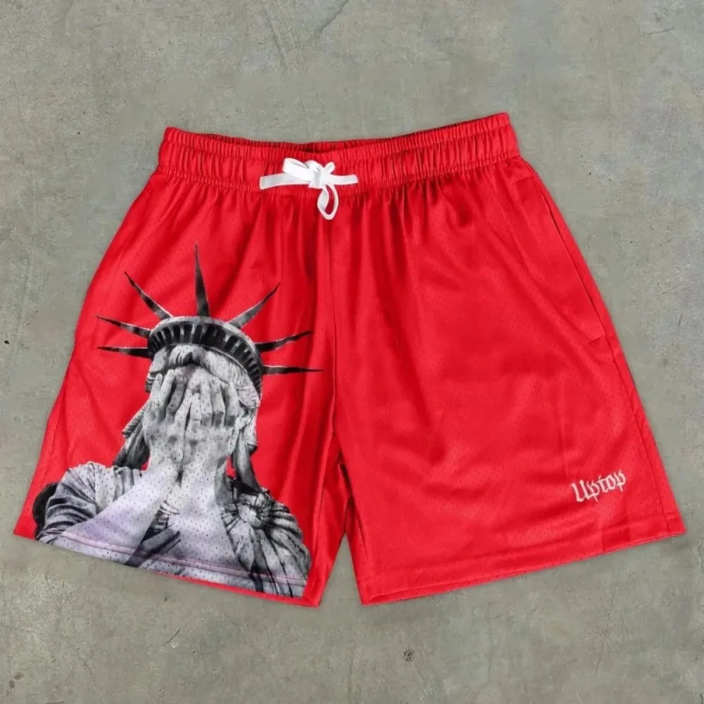 European and American men's summer Statue of Liberty letter print, soft and breathable drawstring shorts, outdoor casual pants