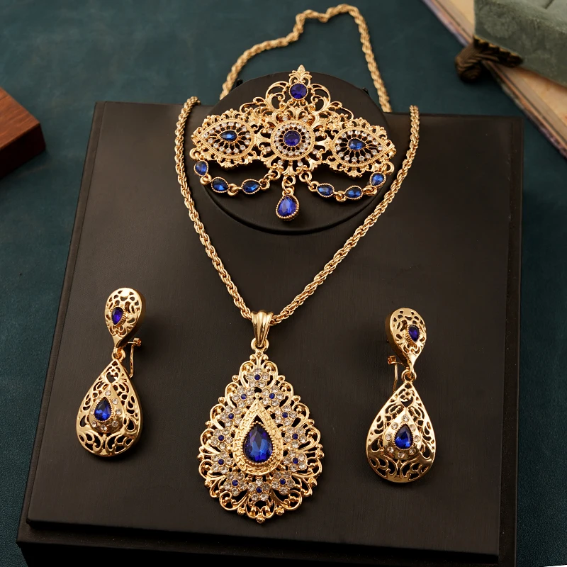 Royal Blue Water Drop Pendant Necklace Chain Gold Plated Jewelry Set Morocco Algeria Wedding Jewelry Birdal Luxury Wome Gifts