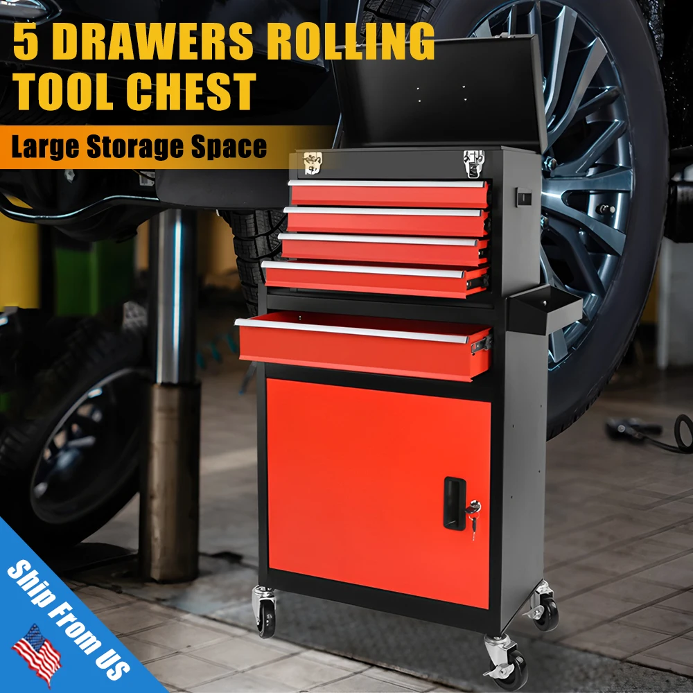 

Металлический ящик для инструментов FHKEJI 2-в-1, подвижная тележка для инструментов с запираемыми 5 ящиками и колесами для гаражной мастерской, шкаф для инструментов на колесиках