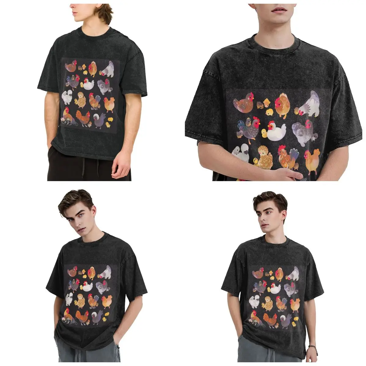 Chicken And Chick - Dark Hip Hop Short Sleeve T-Shirts Washed Tops Tees Streetwear T Shirt Printed for Men woman