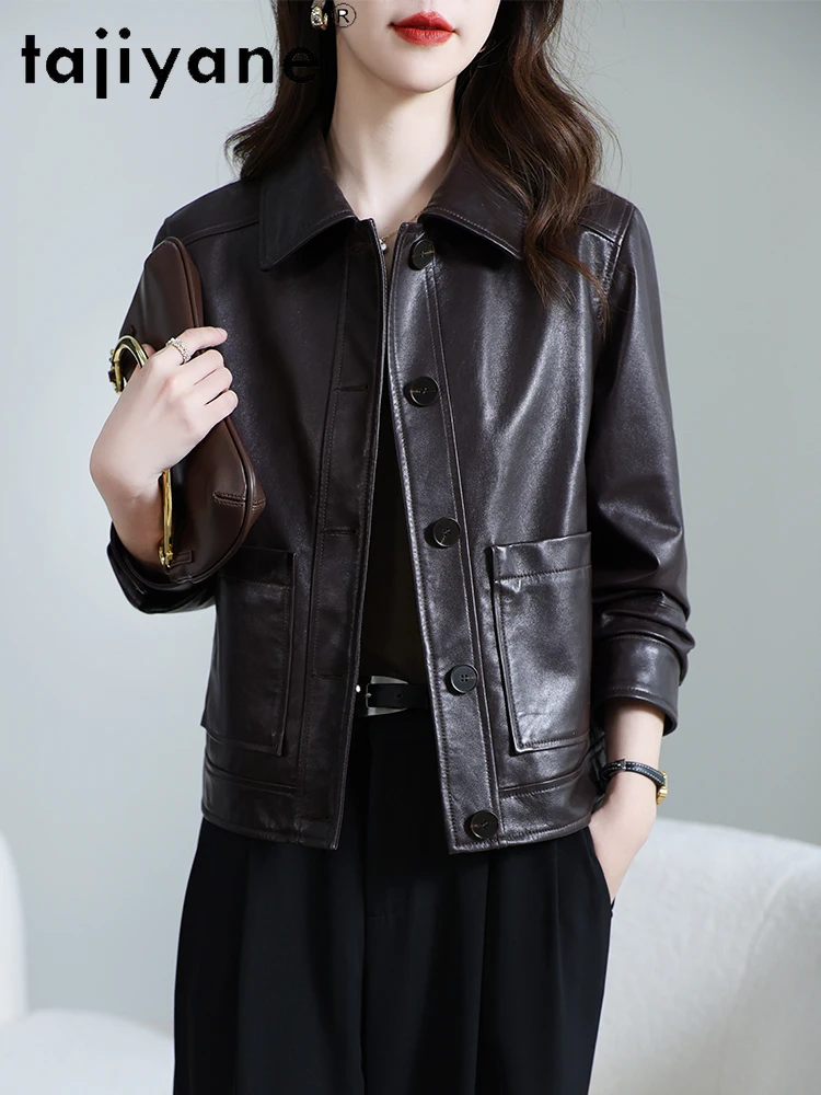 TAJIYANE طبقة علوية من جلد الغنم سترات من الجلد الطبيعي للنساء سترة جلدية حقيقية غير رسمية معطف قصير للسيدات 2025 ملابس الخريف 신상АКю터