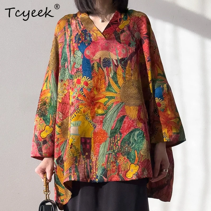 

Tcyeek 100% Real Silk Women T Shirt 2026 Spring Autumn Retro Exotic Print Loose Breathable Top Clothing for Female Ropa De Mujer