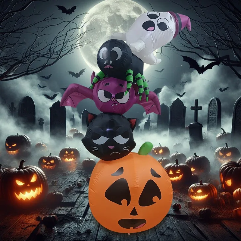 Modelo de aire inflable transfronterizo para Halloween, calabaza, fantasma, gato negro, araña, murciélago, LED para exteriores, decoración de jardín brillante