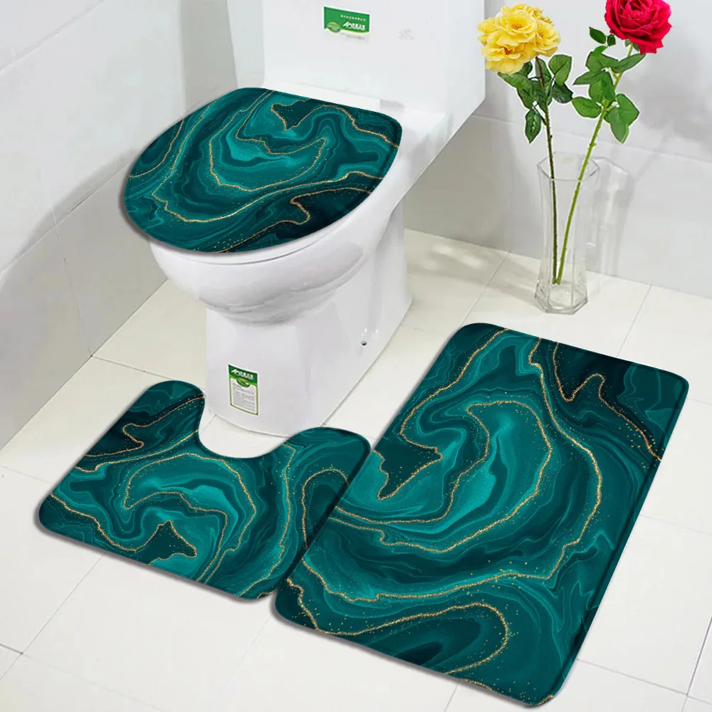 Abstract Geometric Bath Mat Set Green Marble Gold Lines Textures Art Home Floor Carpet Bathroom Decor Non-Slip Rugs Toilet Cover