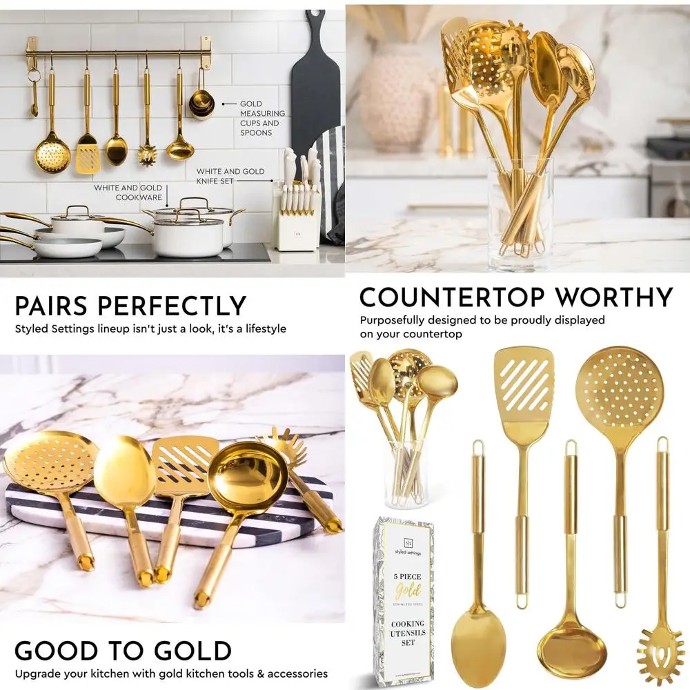 

5-Piece Stainless Steel Cooking Utensil Set with Luxury Brass Accessories for Modern Kitchen Use and Serving