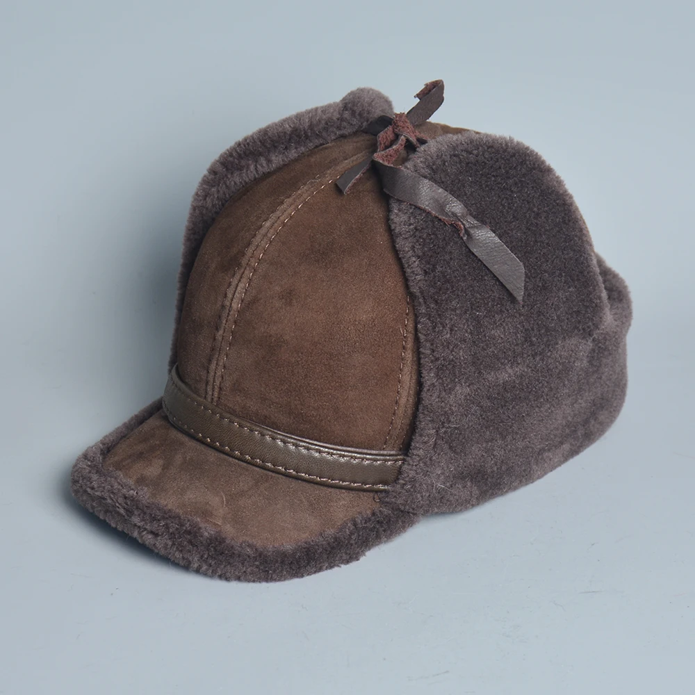 Winter Leather Hat Men Fur Lamb Wool Warm Thick Earflaps Bomber Hats Men's Baseball Cap Russian Hat