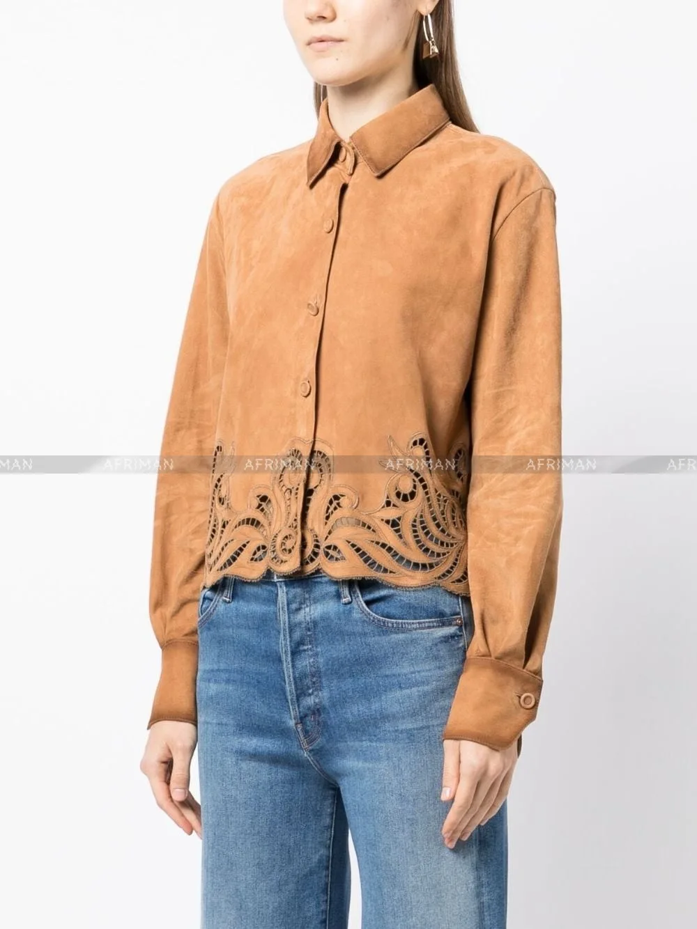 Camicia da donna in pelle di agnello scamosciata Top con decorazione ricamata scavata