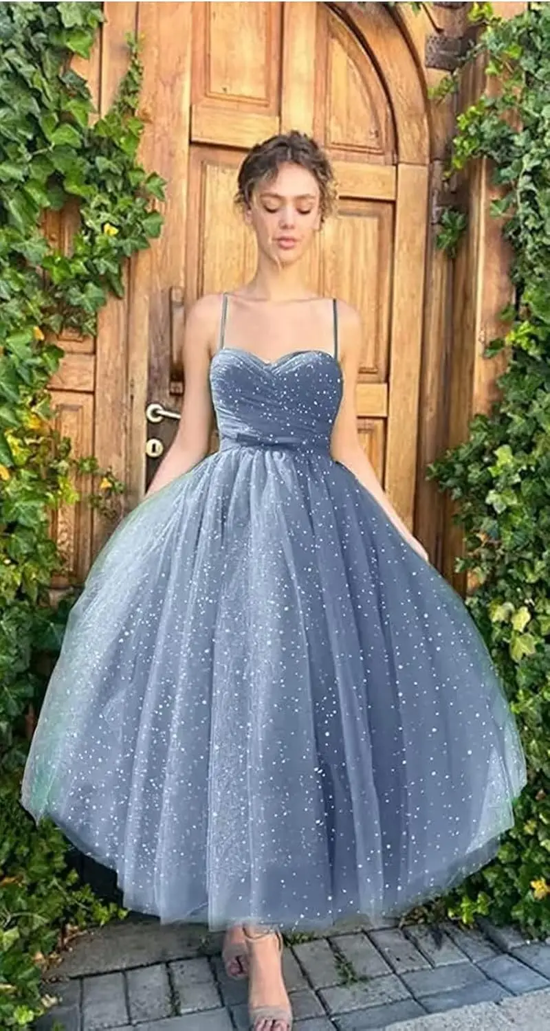 السباغيتي الأشرطة النجوم فساتين لحضور الحفلات الموسيقية سباركلي منتفخ تول الكرة ثوب الشاي طول فستان الحفلات المسائية الرسمية المرأة أنيقة