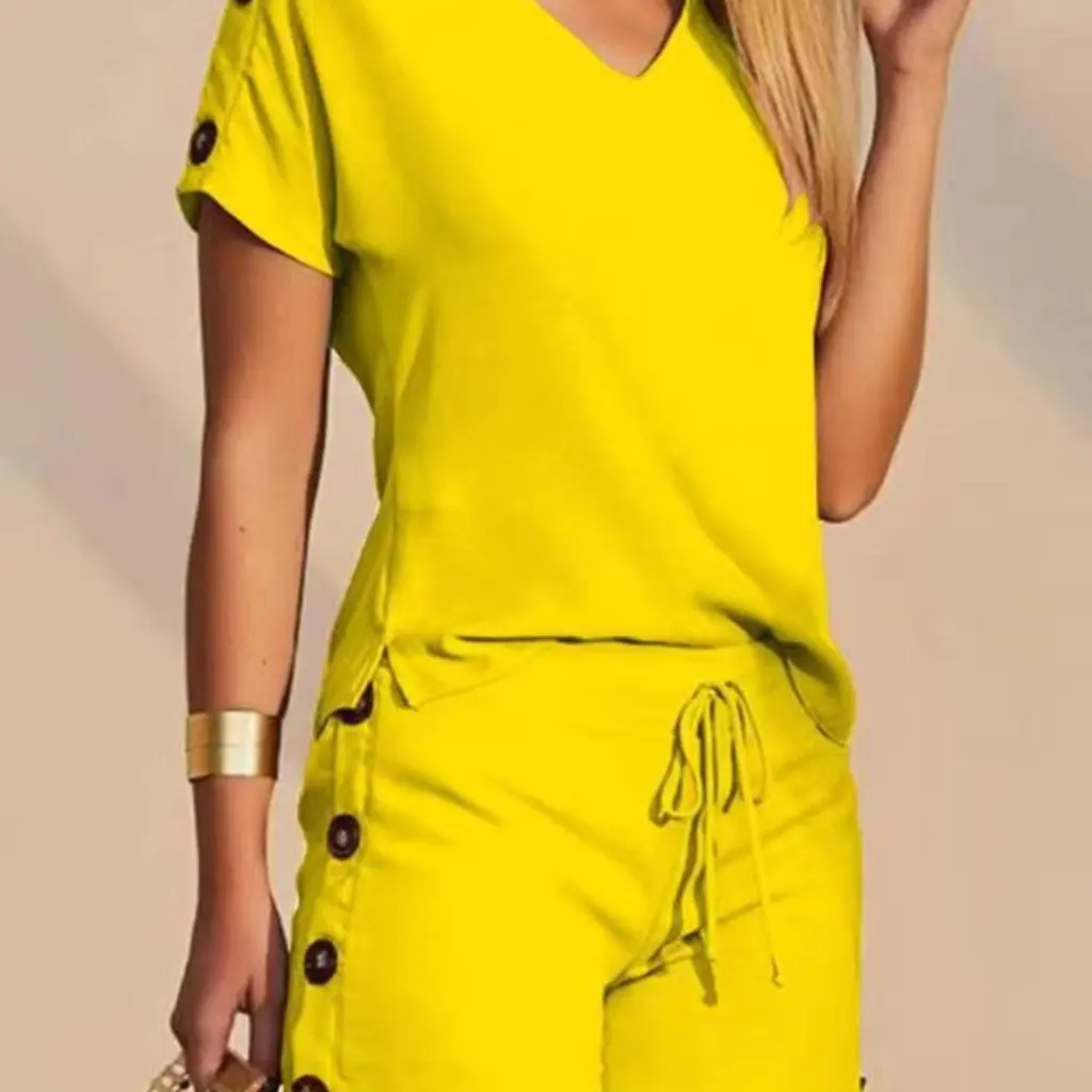 

Women's Summer Casual Fashion Solid Color V-Neck Top with Button Decorative Shorts Two-Piece Set for Comfortable Style