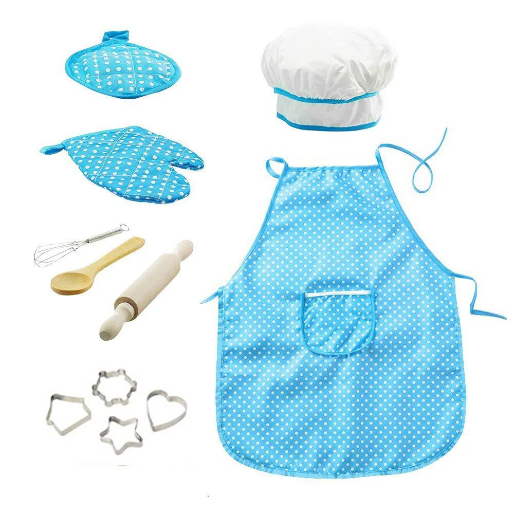 11pcs Kids Baking Apron Chef Dress Up Clothes Cooking Baking Tool Supplies Apron Gloves Hat Set Chef Kitchen Play House DIY Toys