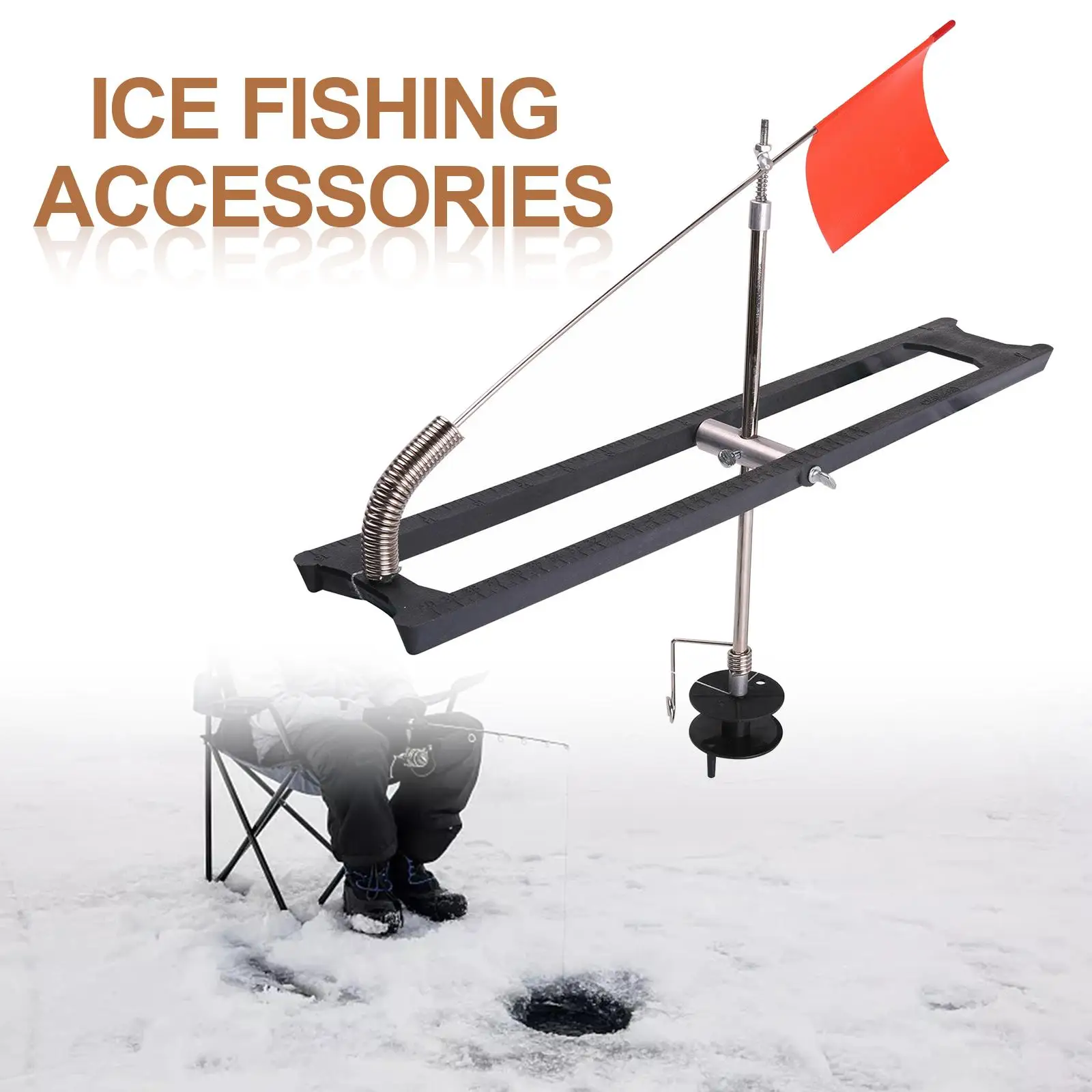 Ice Fishing Tip up Rail Style Orange Flag Fire Tip-Up Folding Ice Rod Gadget