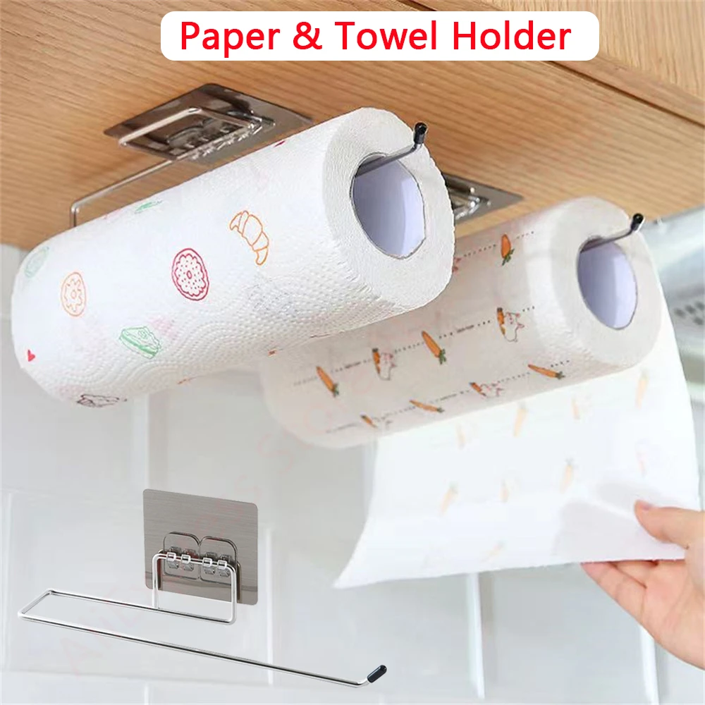 Hanging Paper Roll Towel Holder Bathroom Toilet Storage Stand Kitchen Organizer Napkin Rack Stainless Steel Adhesive Wall Mount