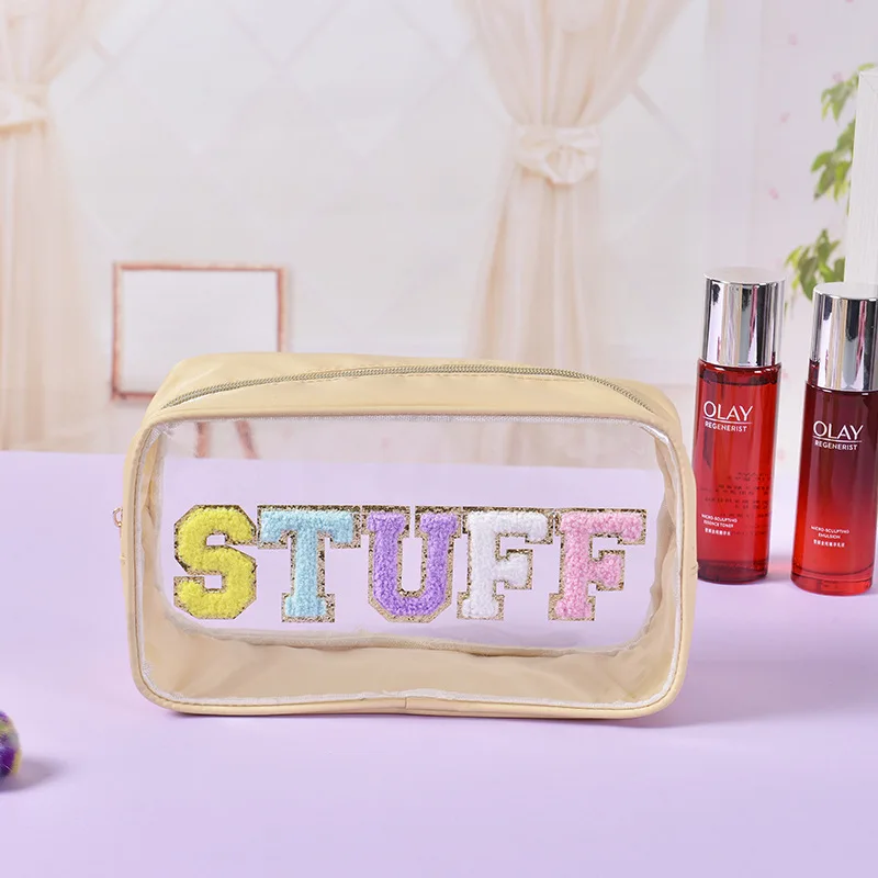 Waterproof transparent PVC towel embroidered letter travel toiletries and cosmetics storage bag