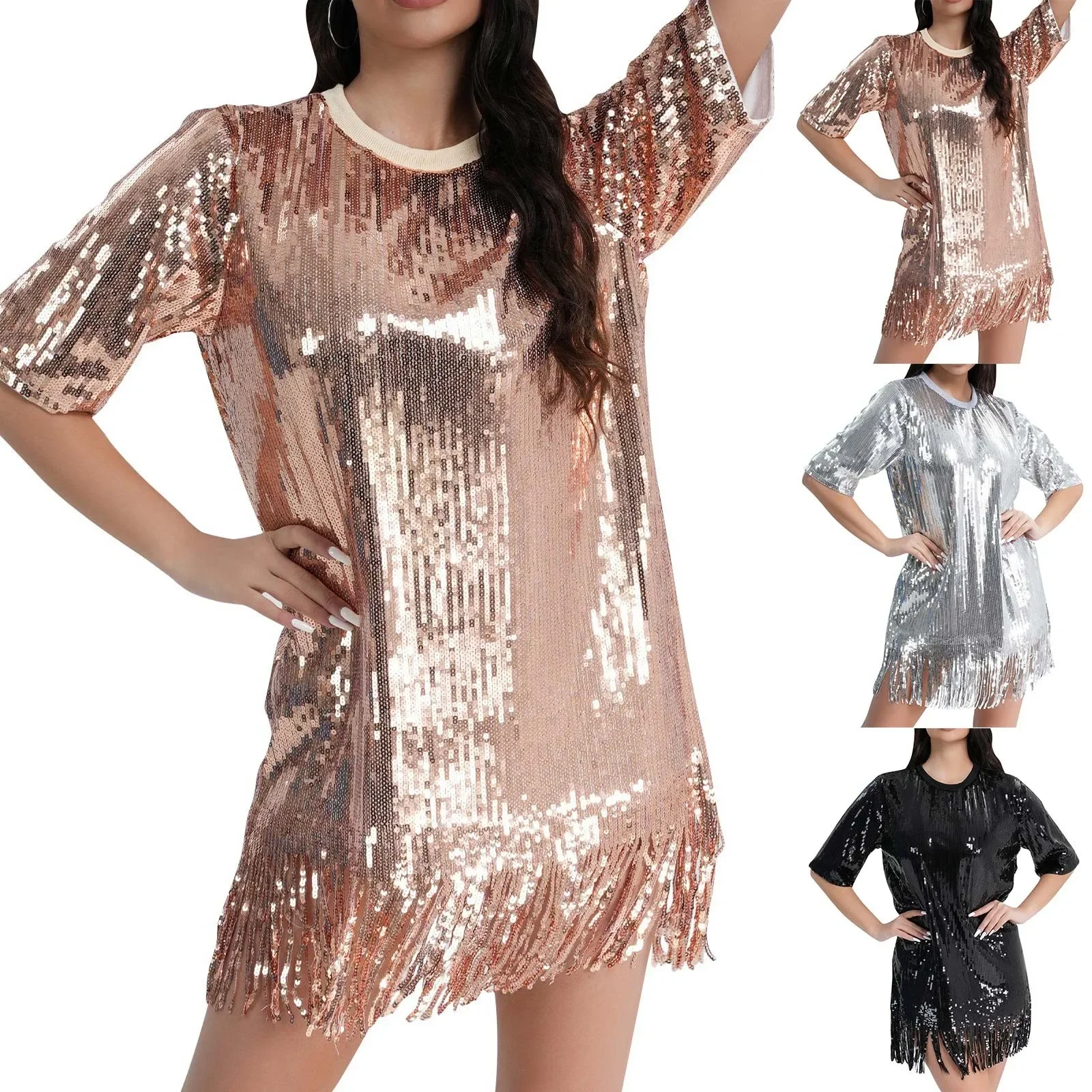 

Ladies Party Dresses 2023 Hot Soild Sequin Evening Dress O-Neck Short Sleeve Plus Size Shirt Dress With Tassels Vestidos