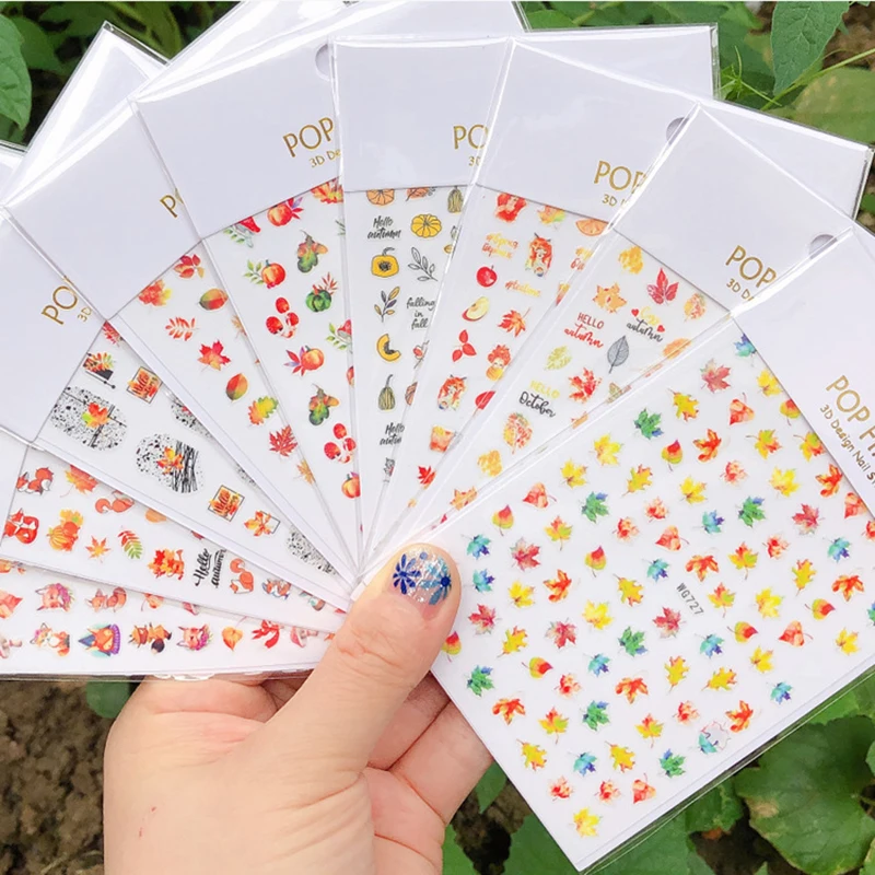 3d Stickers Autumn Winter Gold Maples Leaves Pumpkins Mushrooms Fox Nail Art Decals For Nails Art Manicures Tips Decorations