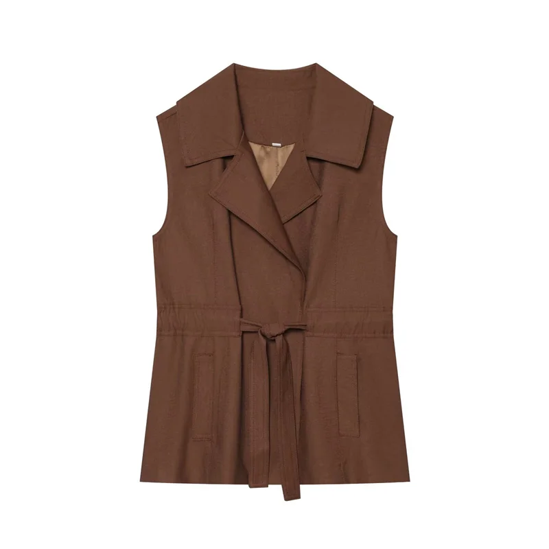 Guobioziy Women's Jacket 2026 Summer New Style Reddish-Brown Sleeveless Vest with Belt Decoration Elegant and Graceful