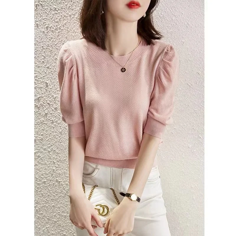 Summer New Half Sleeve Women's Court Bubble Sleeve Round Neck Ice Silk Knitwear Short Sleeve T-shirt