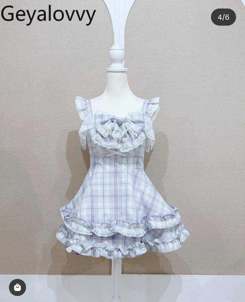 

Japanese Sweet Cute Girl Plaid Bowknot Lace Strap Dress Summer New Lolita High Waist Slimming Sleeveless Short Dresses