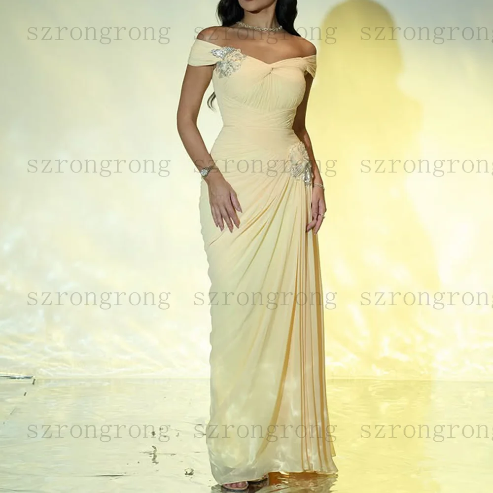 customized V-Neck Straight Evening Dresses Off The Shoulder Backless Floor-Length Party Dresses Pleat Draped Long Party Dress