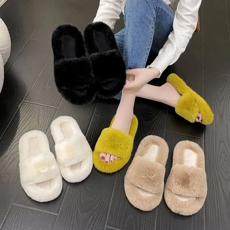 2023 Luxury Women Slippers Soft Winter Fluffy Faux Fur Home Shoes Eva Flat Bottom Ladies Slides