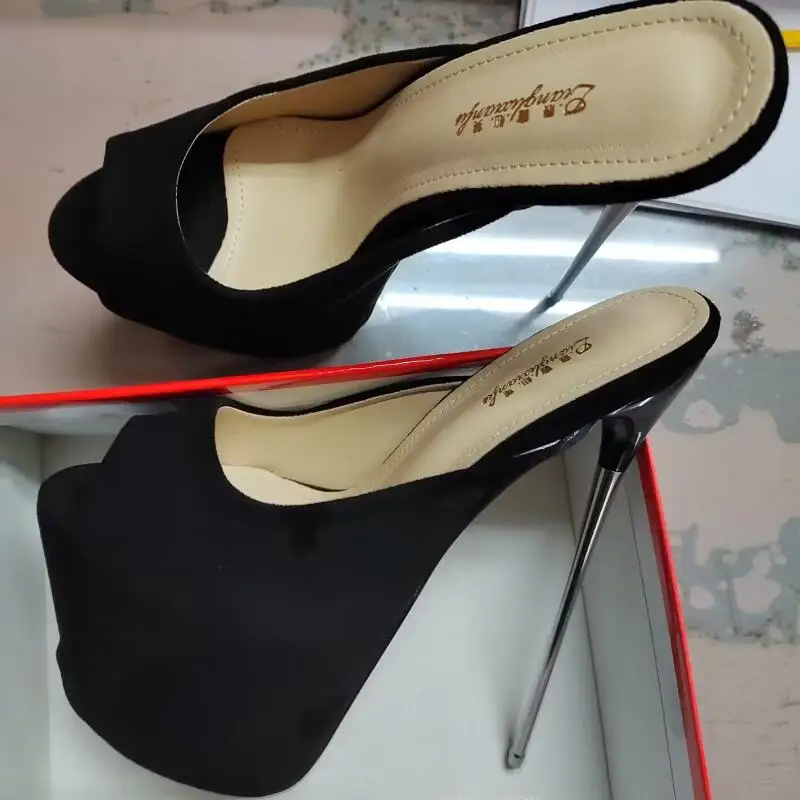 Sapatos Peep Toe vermelhos para mulheres, chinelo de boca rasa, bombas de salto fino, Catwalk Shows Stilettos, performance de verão 19cm