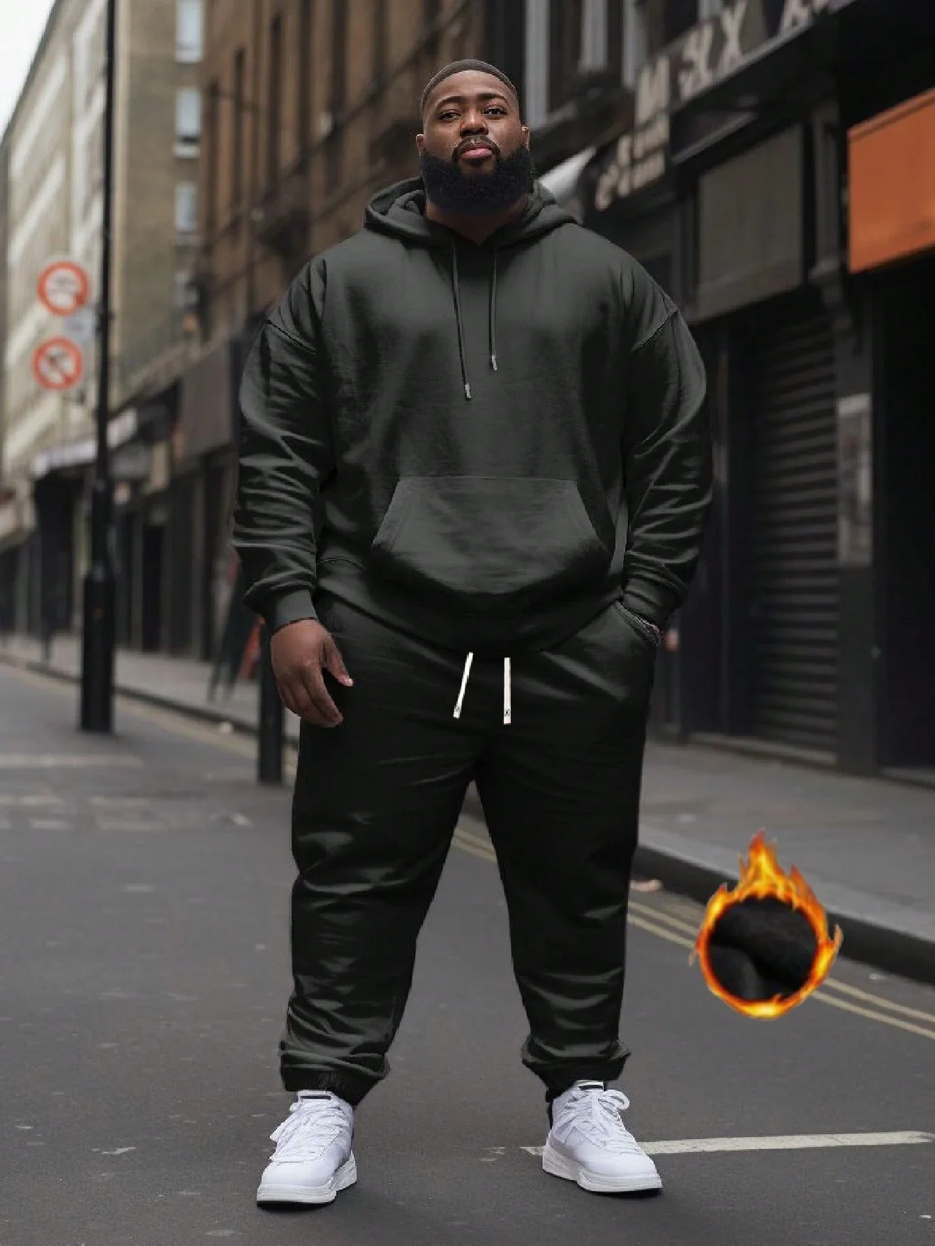 Plus Size Men Thick Casual Drawstring Hoodie And Pants Two Piece Set Fall Winter