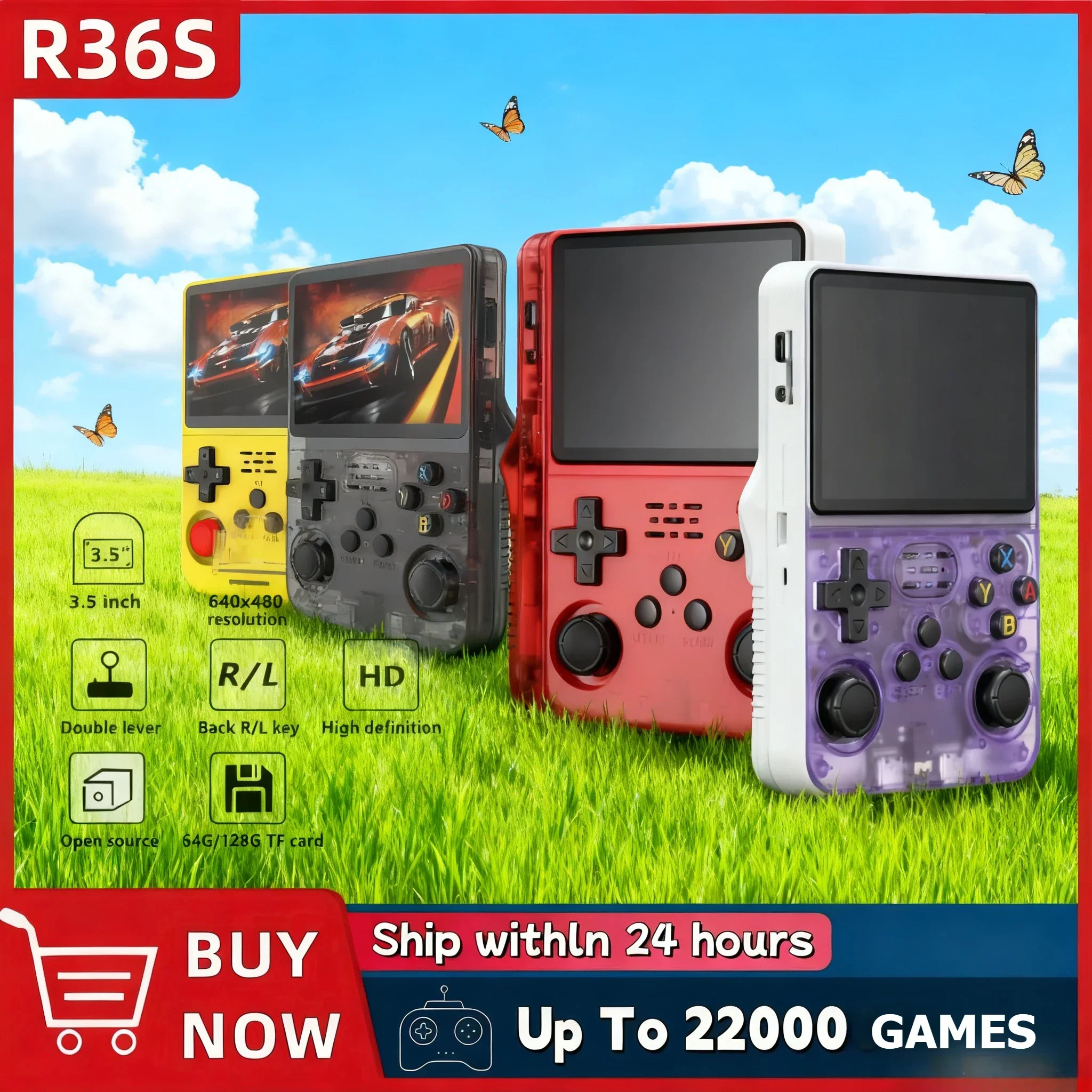 レトロr36s携帯型ビデオゲーム機-35インチipsスクリーン-128gbプリインストールゲーム搭載-ポータブルポケットプレーヤー-linuxシステム