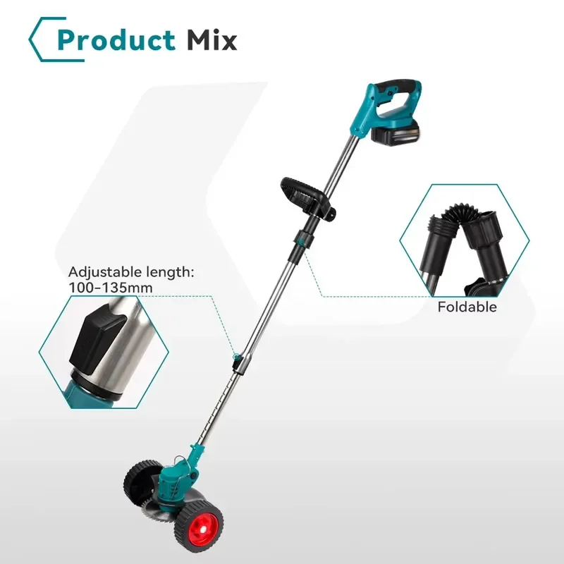 Cordless Electric Weeding Tool Lithium Battery Garden Lawn Mower Adjustable Length Multi Blade Cutter with Auxiliary Wheel