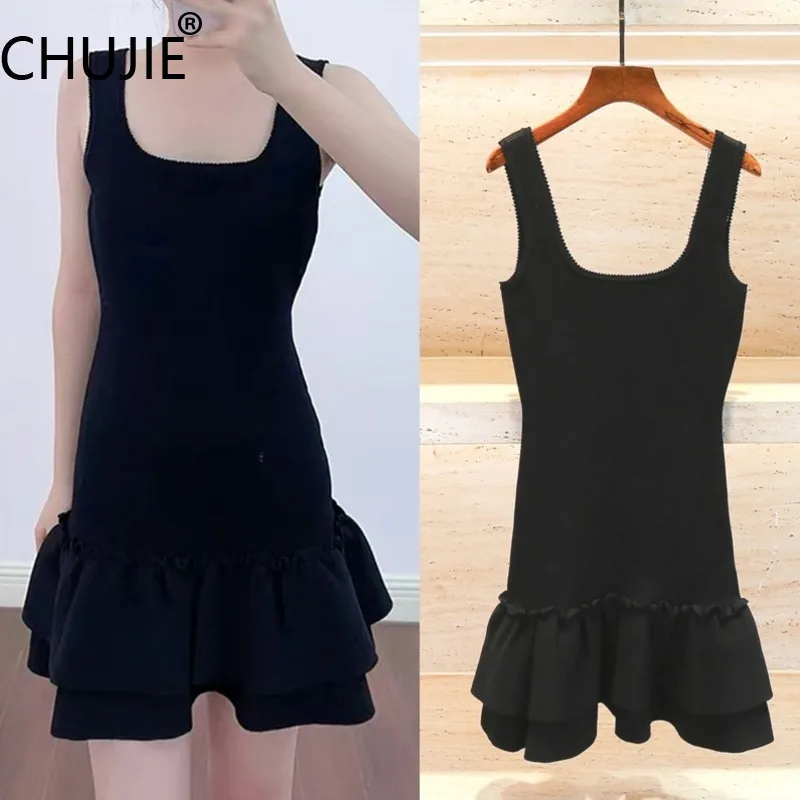 فستان CHUJIE Early Fall 2025 على الطراز الفرنسي، فستان ضيق بدون أكمام بحاشية مكشكشة، فستان أنيق بقصة ضيقة