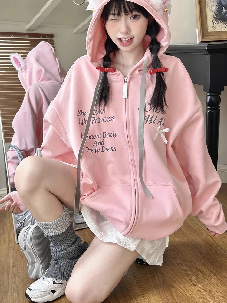 Y2k Korean Hoodies Women Spring Loose Cute Cat Ears Bow Design Hooded Zipper Jacket Cardigan Harajuku Casual Oversize Coats 2024