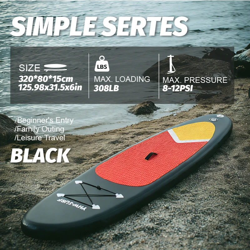 

A set of black inflatable standing surfboards with accessories including manual pump, paddle, ankle rope, backpack, detachable f