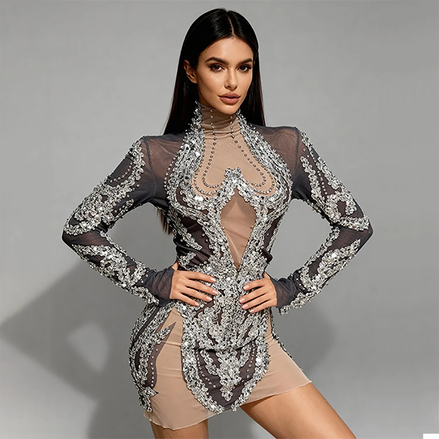 

Long Sleeve Bodycon Mesh Dress Sparkling Sequins Halloween Bar DJ Performance Costume Women's Ethnic Stage Clothing