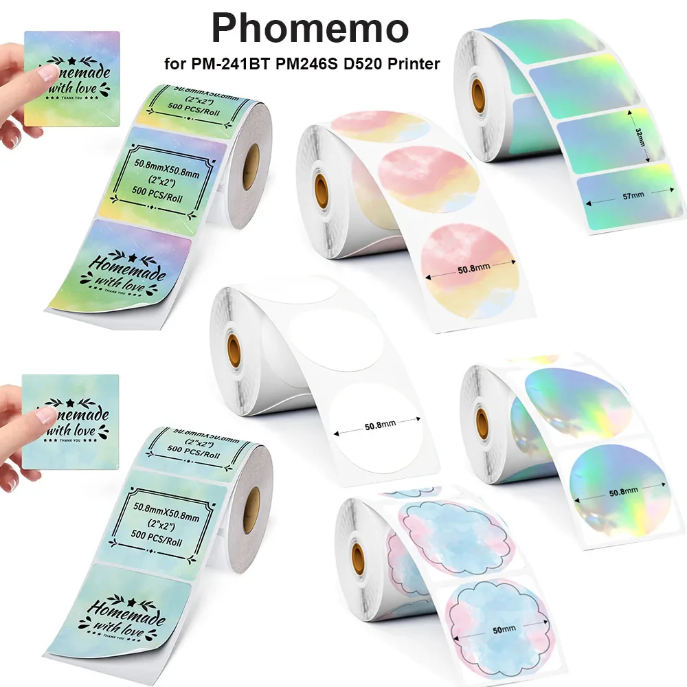 Phomemo Self-Adhesive Thermal Printing Paper for PM-241BT PM246S D520 Printer Round/Square Labels Rainbow Color DIY Logo Design