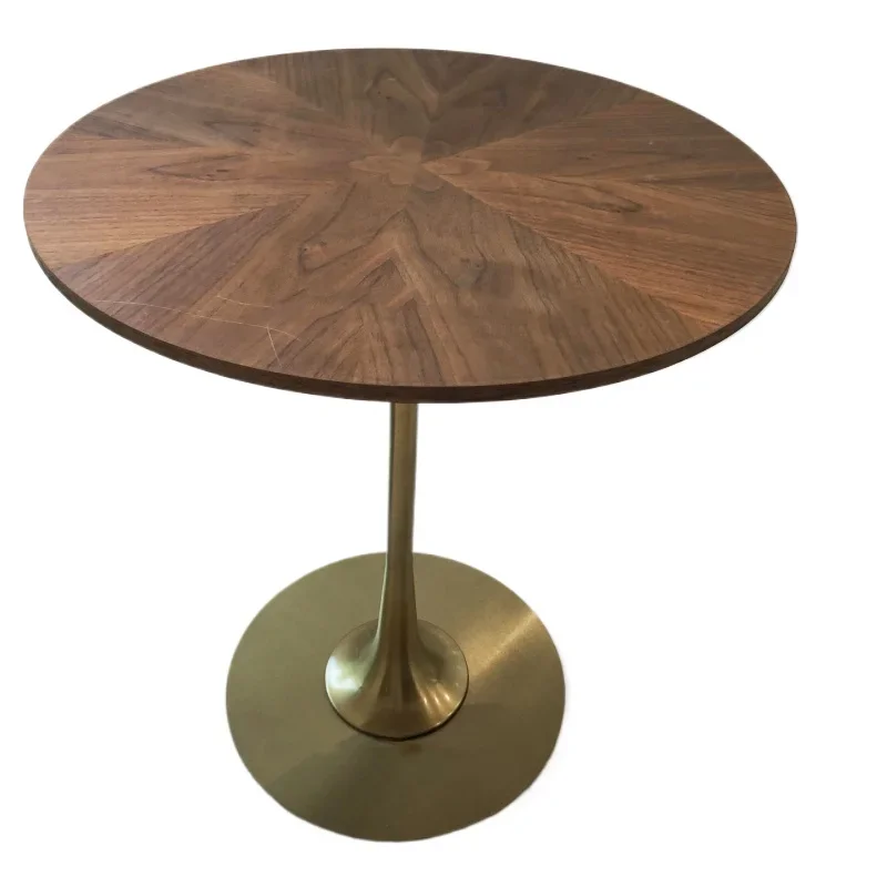 

*High Wooden Coffee Table With Walnut Color Veneer Pattern Matte Golden Metal Base Small Tea Table Round China Made