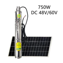 Bomba de água profunda solar com controlador construído, bomba submersível solar de aço inoxidável, fluxo máximo 2 T/H para a agricultura, 750W, DC 48V, 60V