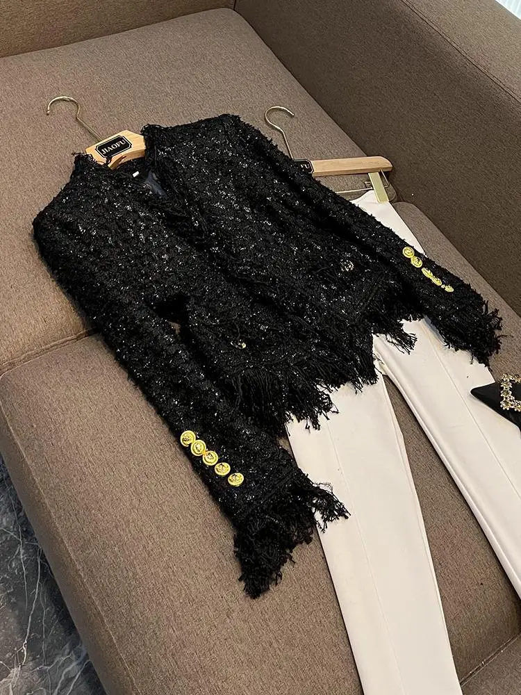 

Новинка осени 2021, женский открытый кардиган Bla iny Tead Thi Tweed Fringe ket, декоративная верхняя одежда, длина