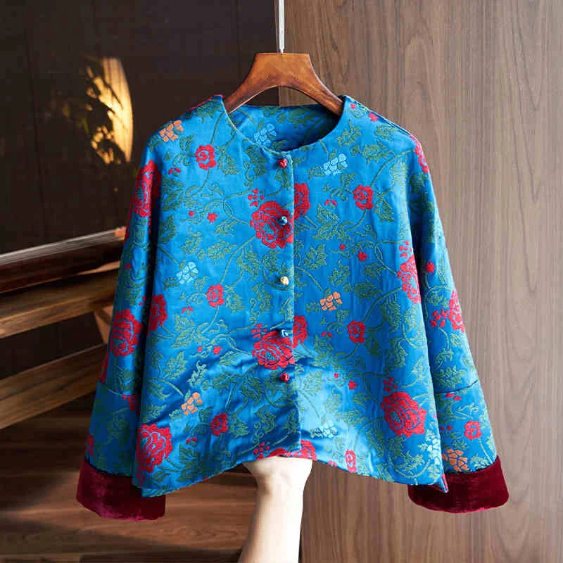 Chinese Style O-Neck Rayon Satin Jacquard Jacket Women 2024 Spring and Autumn New Contrast Colored Cuffs Luxury Lady Top S-XL