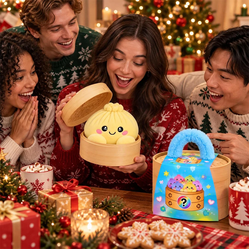 Plush Stuffed Dumpling Squishies with Steamer, Soft Christmas Bao Bun Stress Balls, Squishies Fidget Toys for Adults Kids