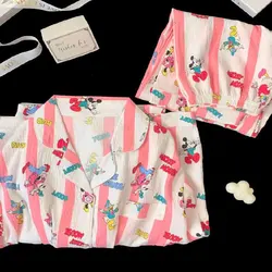 New Long Sleeved Pants Disney Cartoon Mickey Donald Duck Pajamas Pijama Sleepwear for Sleeping Pajama Sets Women's Pajamas Set