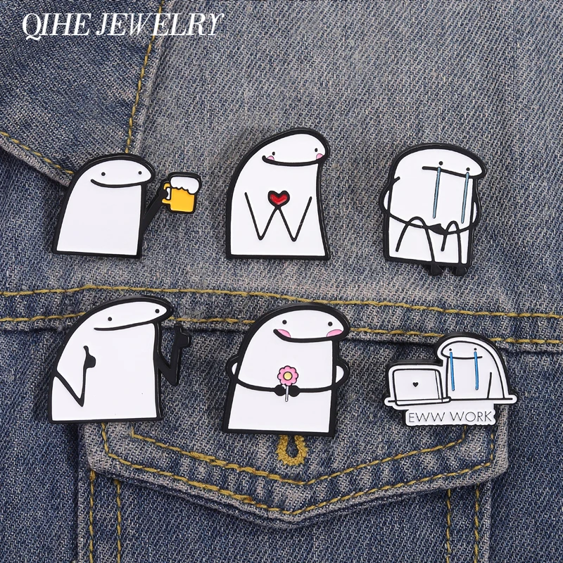 Lustige vereinfachte Figuren Flork Meme mit Bier Blume Emaille Pins kreative Geste Liebe Daumen Broschen Revers Abzeichen Schmuck Geschenk