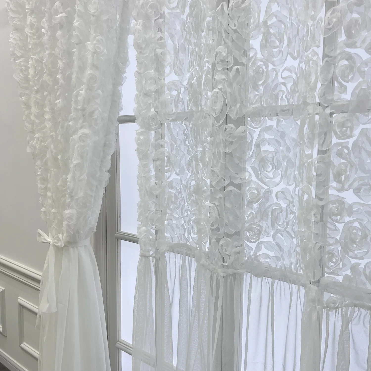 White Lace 3D Rose Curtains Splicing with Romantic Mesh Wrinkle Tulle Curtain for Bedroom Creative Wedding Background Decoration