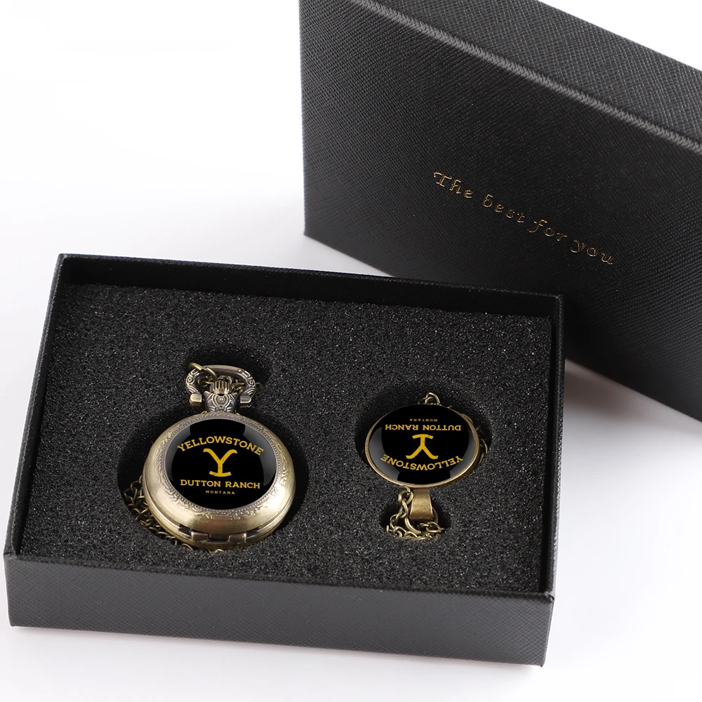 High Grade Pocket Watch Gift Set With Box Yellowstone Design Necklace Clock Accessories For Birthday Gifts