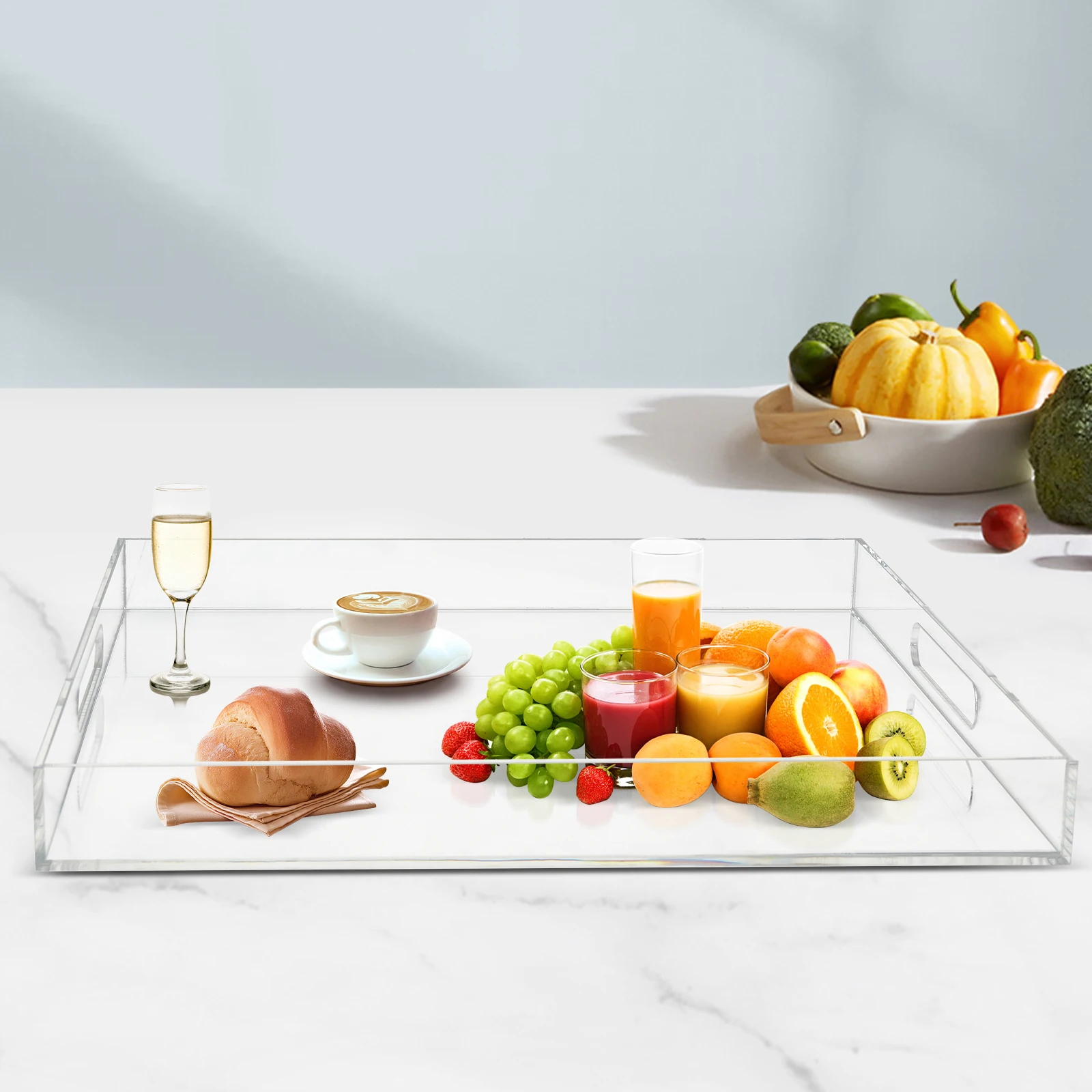 Clear Extra Large Acrylic Serving Tray with Handles Oversize Decorative Trays Countertop Organiser for Ottoman,Nightstand