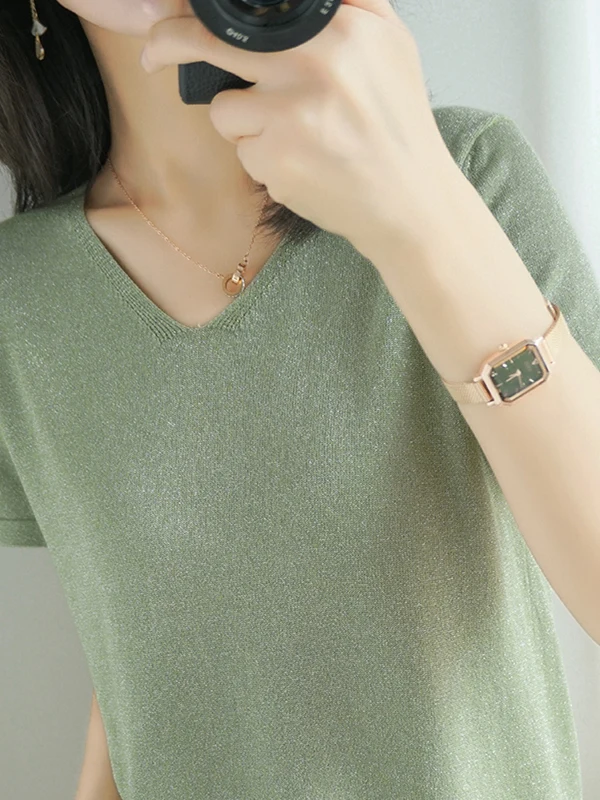 

Ice Silk Knitted Top Women's ort Sve iny Tead V-Ne Loose Thin Base irt Faionable Top Spring New Arrival