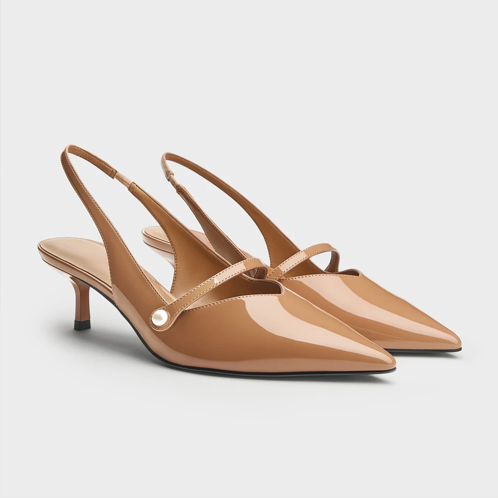 

FWRD Women's Patent Leather Slingback Kitten Heels with Pearl Buckle, Elegant Comfortable Office Daily Wear Shoes #FWRD000226