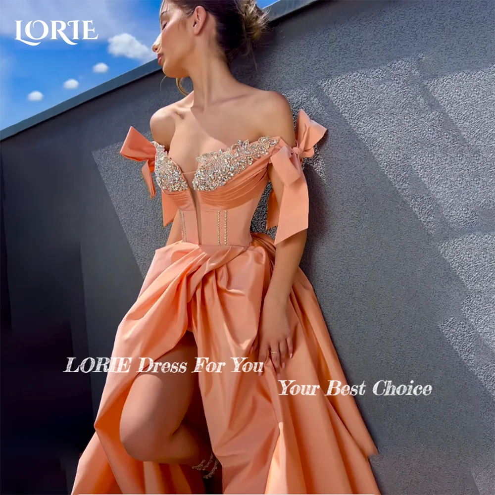 LORIE Bow Off-Shoulder Formal Evening Dresses Appliques Beading slit Prom Gowns Corset Pleated Backless A-line Club Party Dress